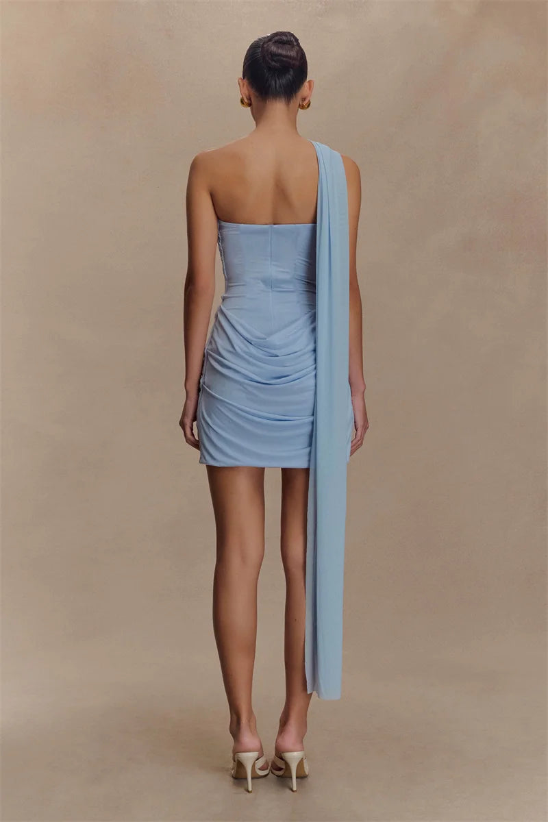 Mozision One Shoulder Backless Sexy Mini Dress Women Fashion Off-shoulder Sleeveless Backless Draped Ruched Bodycon Club Dress
