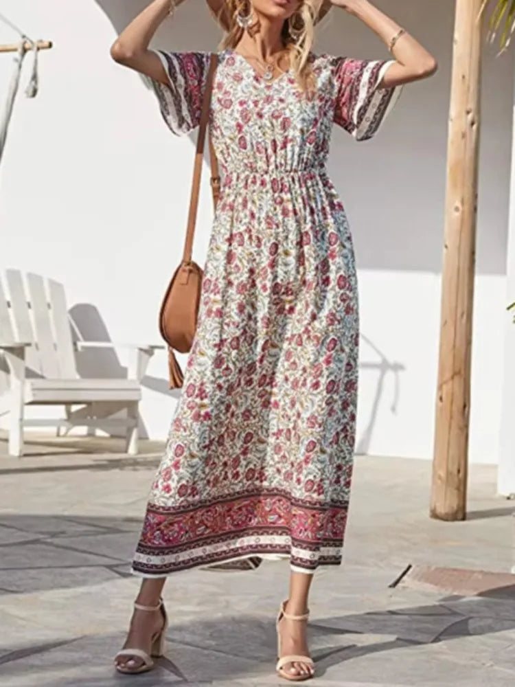 Vintage Chic Women Multi Floral Print Short Sleeve Beach Bohemian Maxi Dress Ladies V-neck Rayon Cotton Summer Boho Dresses Robe