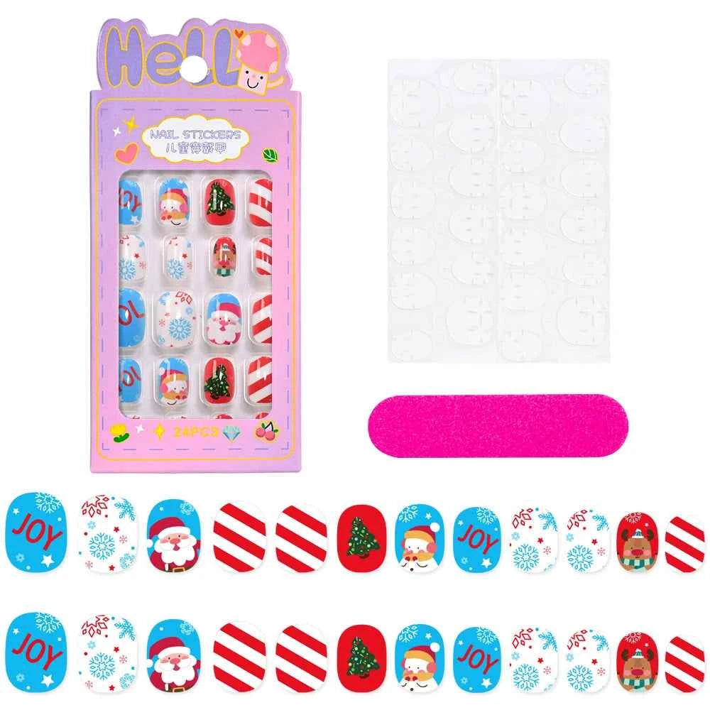 24pcs Princess Girls Christmas Press On Nails Candy Color Kawaii Christmas Tree Snowman False Nails New Year Children Fasle Nail