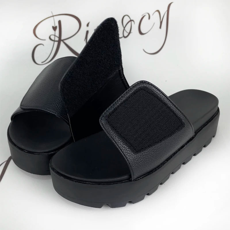 Rimocy Black PU Leather Platform Slippers Women Plus Size 43 Thick Soled Sandals Woman 2025 Summer Non-slip Slides Shoes Female