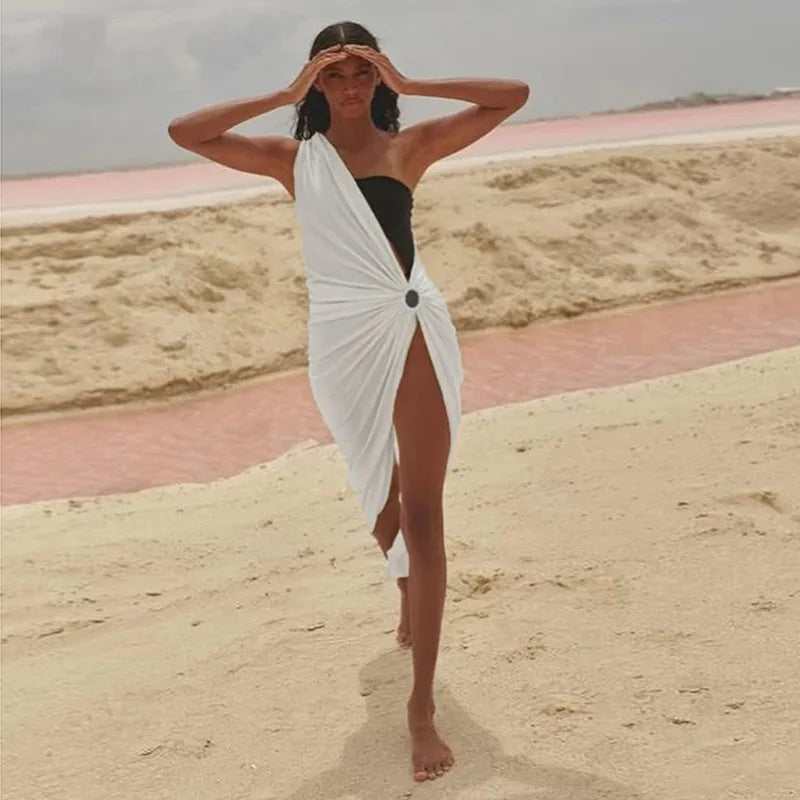 Women's One-Shoulder Asymmetric Beach Dress – Midi Bikini Cover-Up