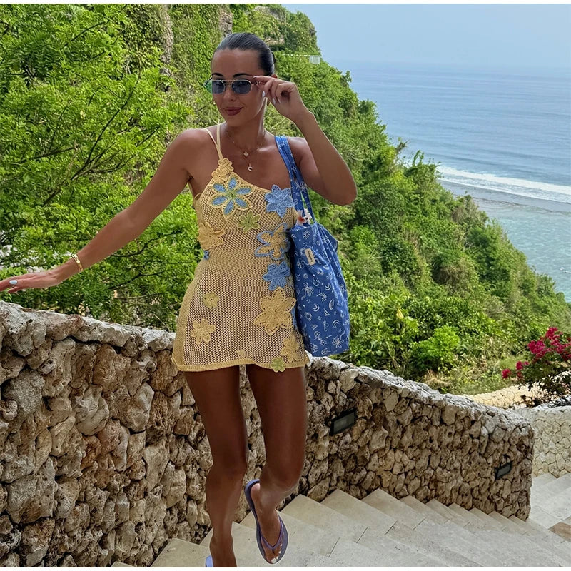 Women's Crochet Knit Mini Dress – Hollow Out Backless Vacation Dress
