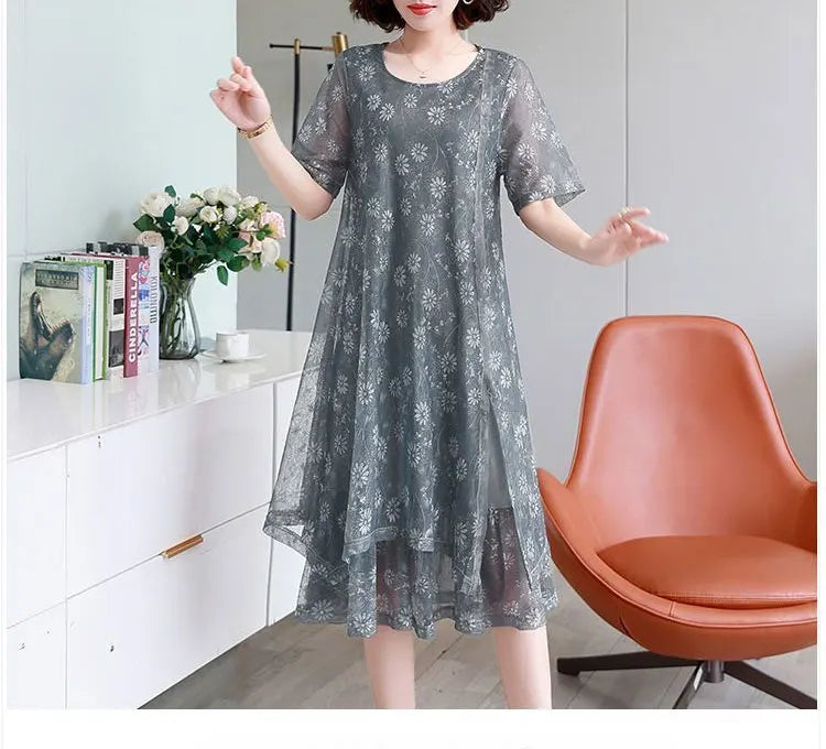 Fashion Casual Irregular Loose Midi Dress Female Clothing Commute Round Neck Summer Short Sleeve Gauze Patchwork A-Line Dresses