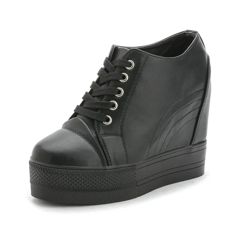 High Top Women's Casual Shoes Leather Casual Sneaker Hidden Increased Ladies Ankle Boots New Plush Woman Platform Boots Botines