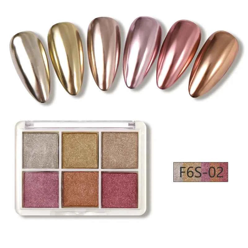 Gold & Silver Mirror Powder - 6 Vibrant Metallic Nail Art Glitters for Stunning Manicures