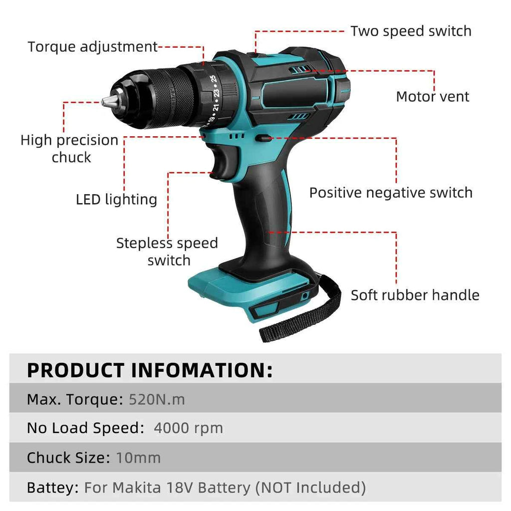 Makita 3-in-1 Electric Impact Drill - 520N.M Torque, 10mm Chuck, 4000rpm Screwdriver for 18V Battery