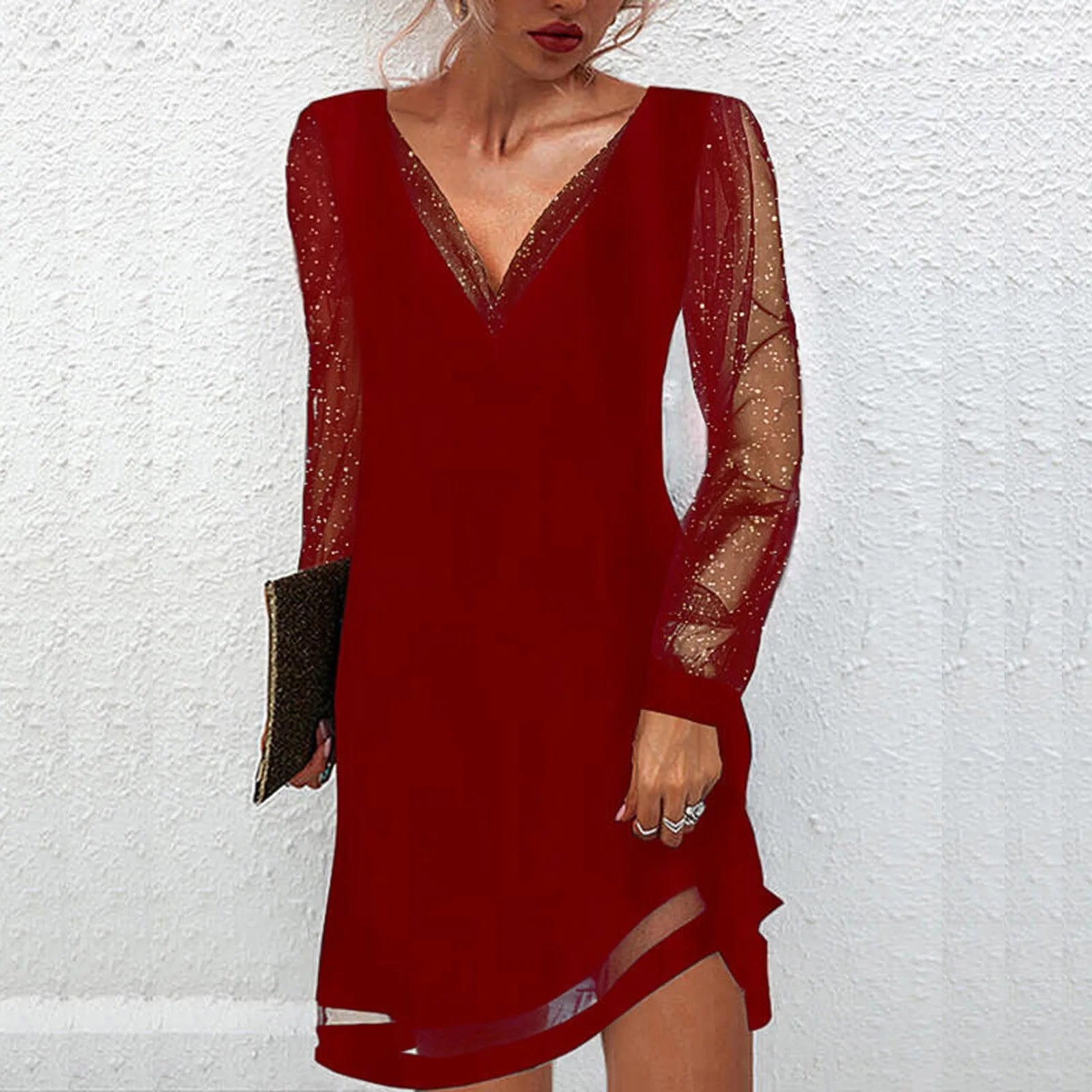 LuxeVibe V-Neck Lace Splice Dress - Knee Length, Ruffle Detail, Long Sleeve, Effortlessly Chic & Comfortable
