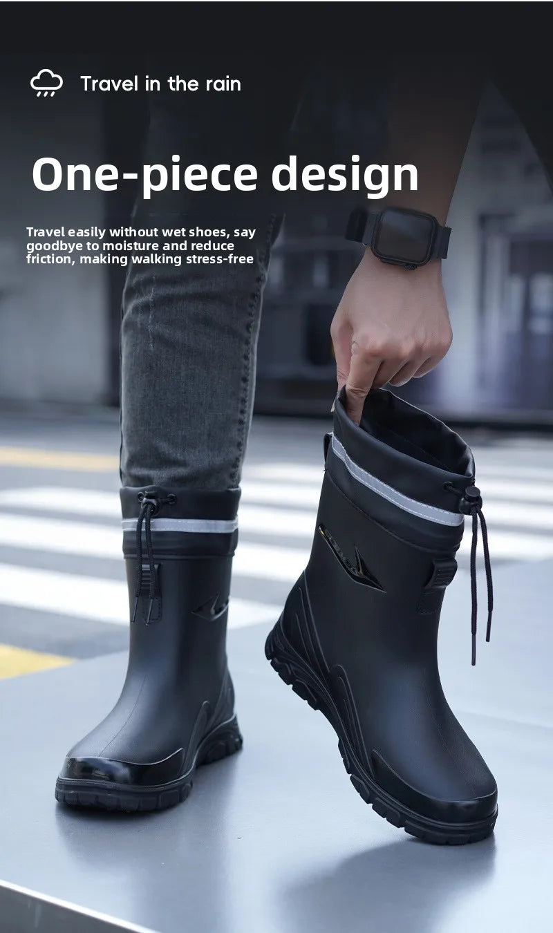 Men's Fleece Lined Tied Mouth Waterproof Outdoor Rain Boots Anti-slip Kitchen Work Rubber Shoes Warm Booties Plastic Material