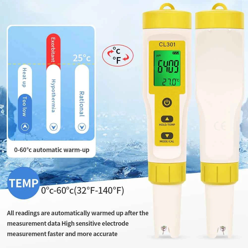Multifunctional Chlorine Testing Pen 2/3/4/5 in 1 Water Quality Tester CL2 TEMP pH H2 ORP Measuring For Aquarium Swimming Pool