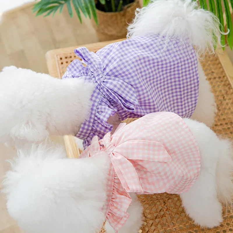 Pawfect Paws Summer Plaid Suspender Skirt Dress - Chic Pink Bow for Small Breeds like Chihuahua & Yorkie