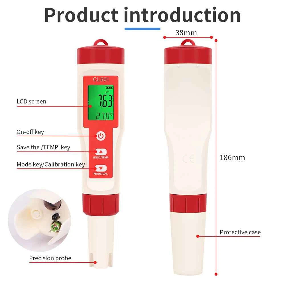 Multifunctional Chlorine Testing Pen 2/3/4/5 in 1 Water Quality Tester CL2 TEMP pH H2 ORP Measuring For Aquarium Swimming Pool
