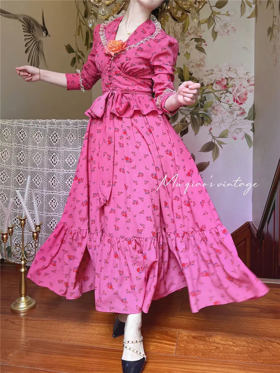 Rose Red Flower Autumn Long Sleeve French Vintage Dress V-neck Waist Cinched Slimming Ruffle Large Swing Long Dress for Women
