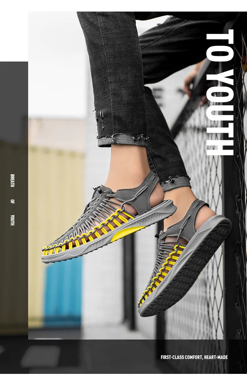 2023 Summer Men's  Sandals Lace Up Hand Woven Sandals Thick Soled Soft Non Slip Casual Shoes High Quality Couple Beach Shoes