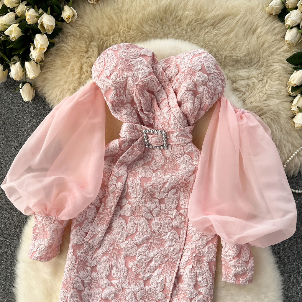 Vintage Chic Sequin Bishop Sleeve Off-Shoulder Slim Tube Dress
