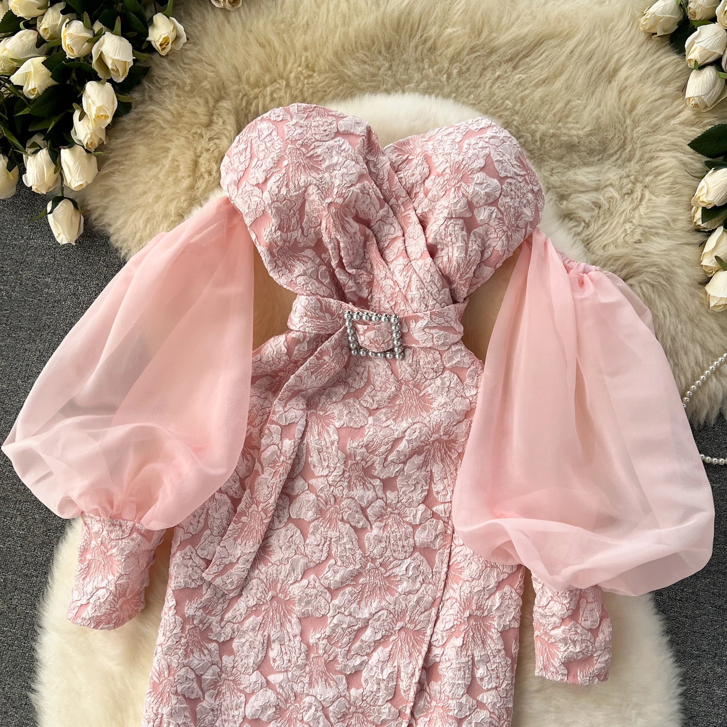 Vintage Chic Sequin Bishop Sleeve Off-Shoulder Slim Tube Dress