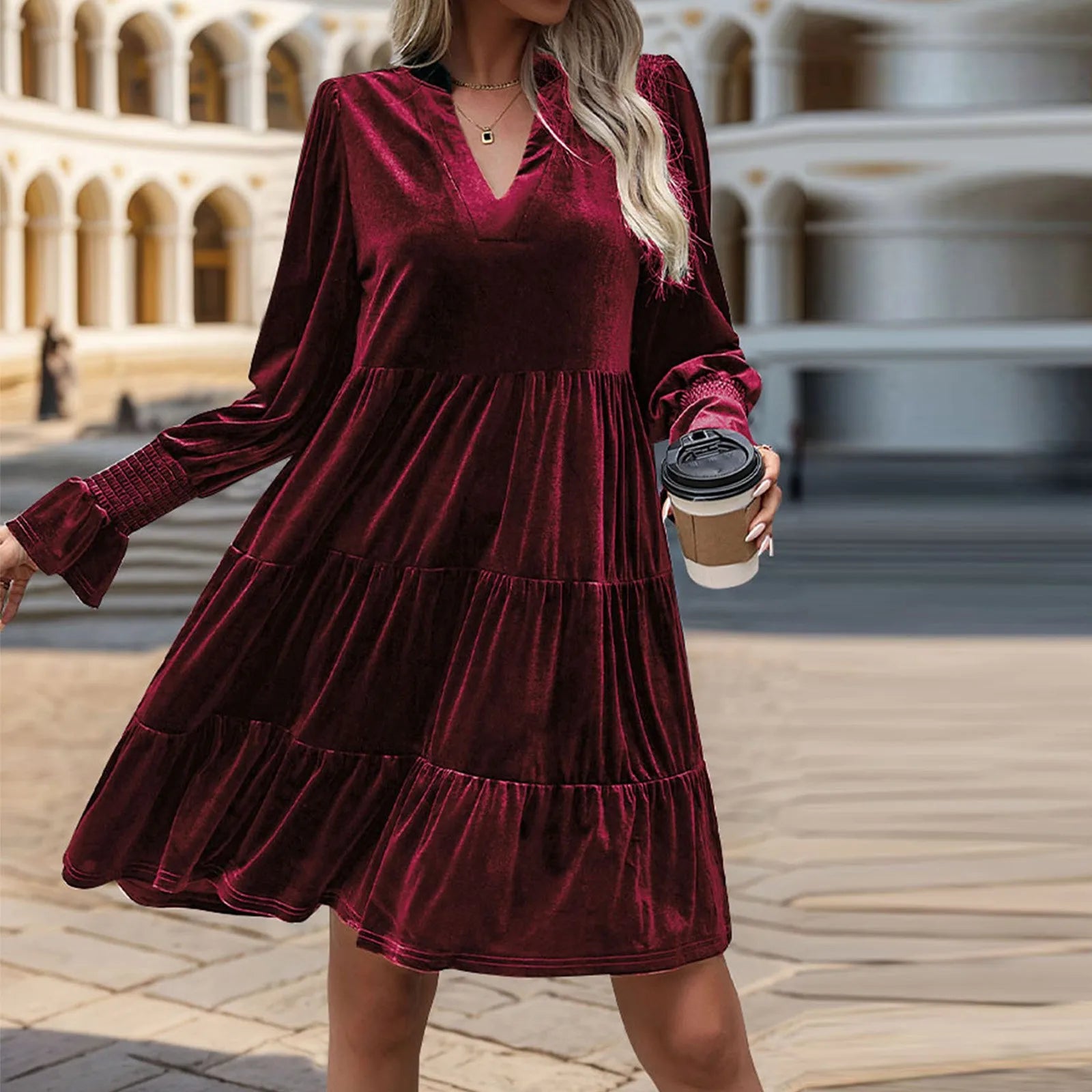 Elegant Vogue Velvet Midi Dress - Long Sleeve V-Neck, High Waist, Chic Style for Evening Parties & Christmas Celebrations