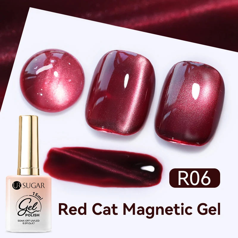 UR SUGAR 15ml  Autumn Winter Red Cat Magnetic Gel Nail Polish White Dopamine Nail Sparkling Glitter Soak Off UV LED for Manicure