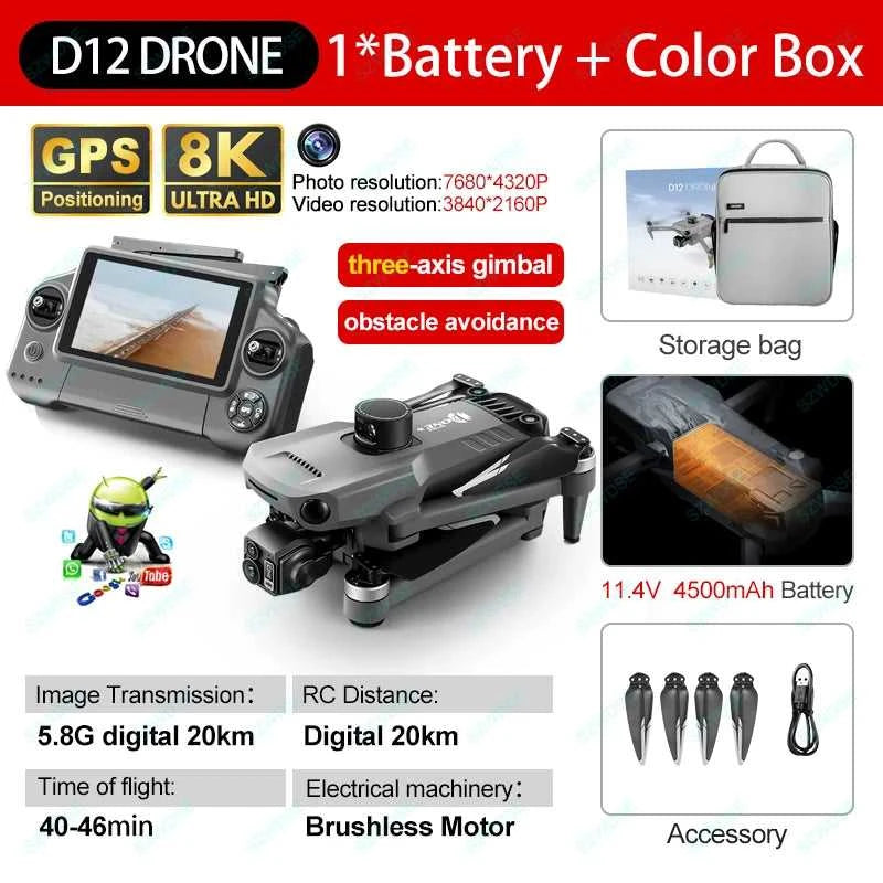 ZLL D12 Drone With 8K HD Camera Screen Remote GPS 360° Obstacle Avoidance 5G Wifi FPV Brushless Motor RC Dron Load capacity 500g The jack market .AU The jack market .AU Drones $ 452 14:193#D12-NO OAS