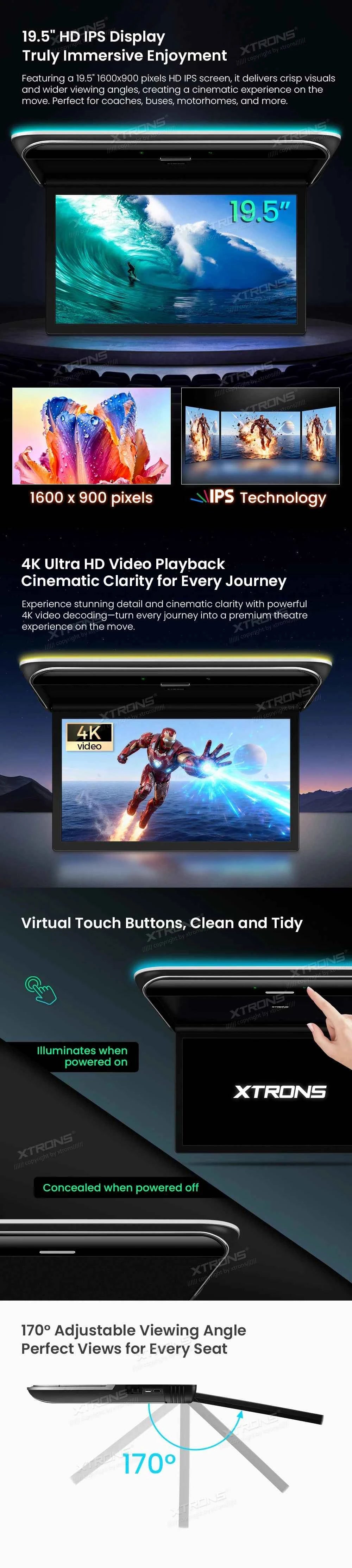 XTRONS 19.5" Android Car Roof Monitor TV Octa-core 8K IPS Car Screen Adjustable Angle to 170° with Screen Mirroring USB HDR RCA