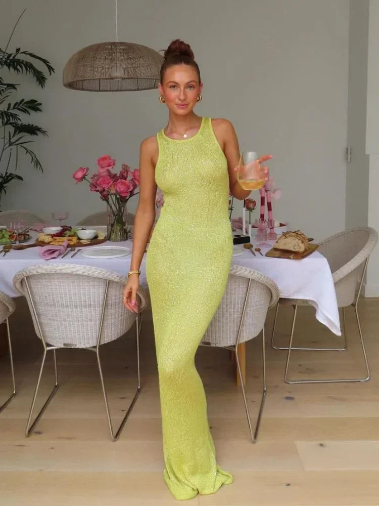 Women Sexy Yellow Glitter Splicing Square Neck Long Dress Casual Slim Sleeveless Sling Maxi Dresses Female Summer Holiday Robes