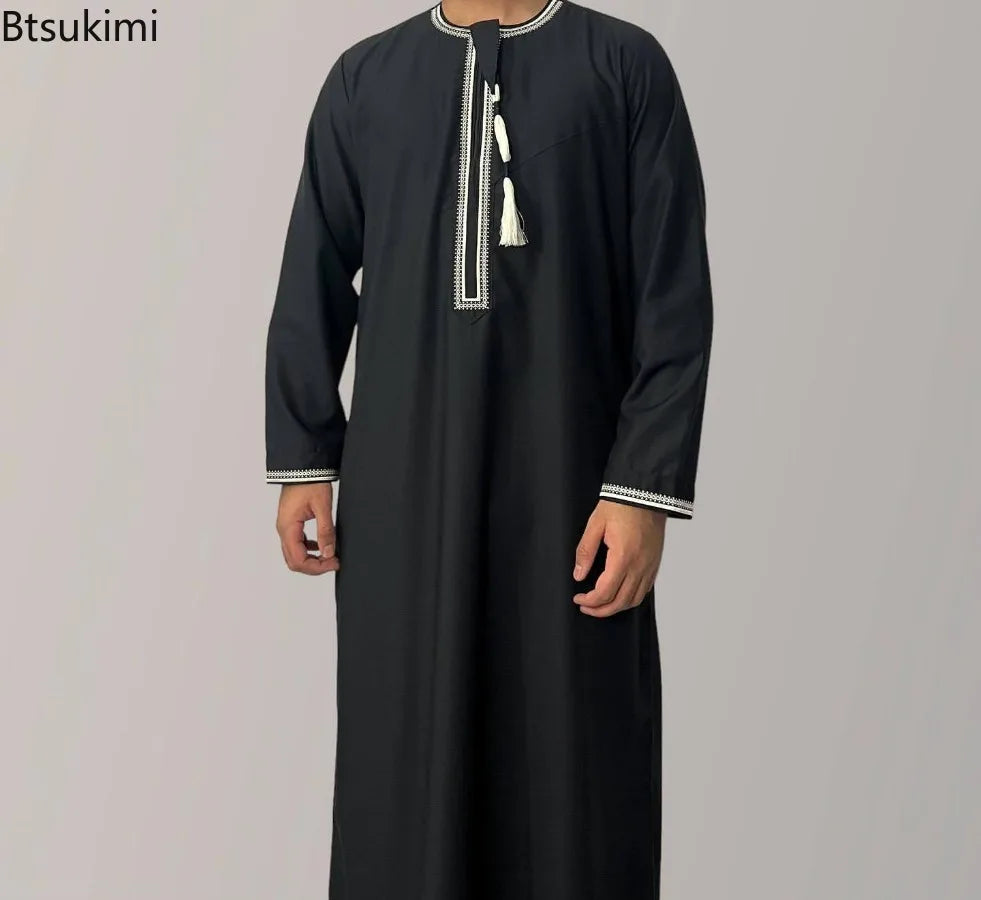 New 2026 Men's Muslim Abayas Dress Long-sleeved Pullover Kaftan Robe Men Jubba Thobe Pakistan Saudi Arab Caftan Islamic Clothing