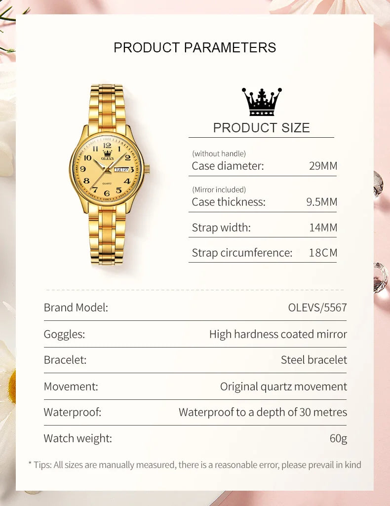 OLEVS Elegant Women's Quartz Watch - Luminous, Waterproof Stainless Steel Dress Wristwatch with Week & Date Display
