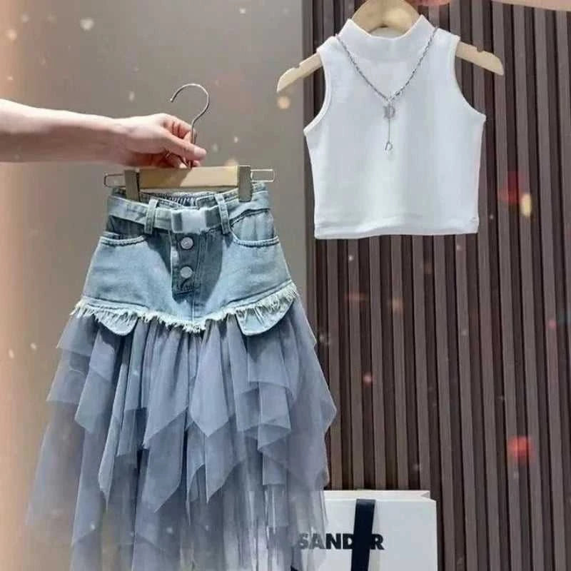 Girls' Summer New Set 2026 Korean Version Baby Girl Tank Top Mesh Splicing Cowboy Skirt Set Kids Summer Set The jack market .AU The jack market .AU Mum & Kids: Essential Products for Every Family $ 62 14:29#WHITE;200000463:200004189#110CM 4Years;200007763:201336100