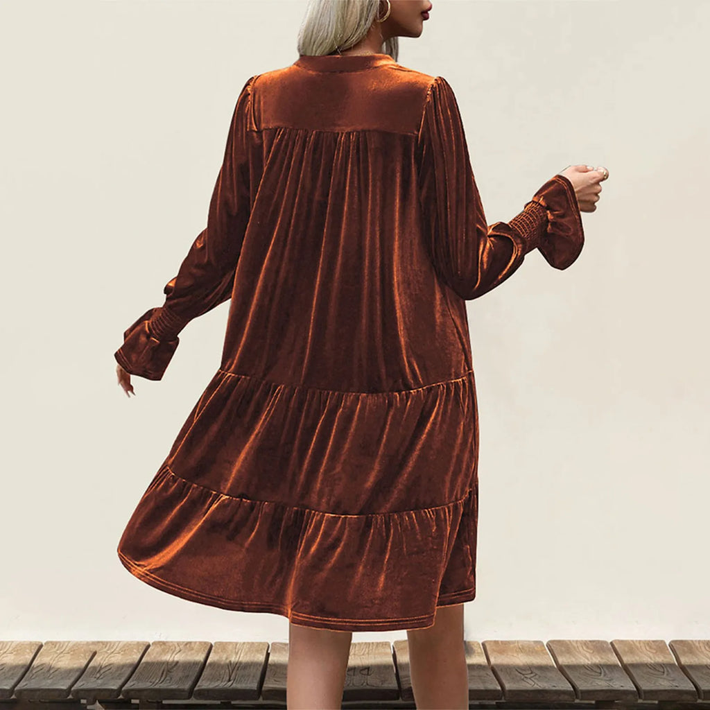 Elegant Vogue Velvet Midi Dress - Long Sleeve V-Neck, High Waist, Chic Style for Evening Parties & Christmas Celebrations