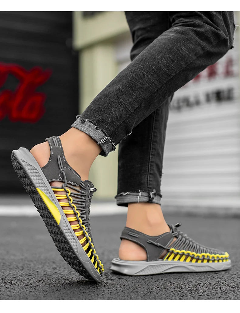 2023 Summer Men's  Sandals Lace Up Hand Woven Sandals Thick Soled Soft Non Slip Casual Shoes High Quality Couple Beach Shoes