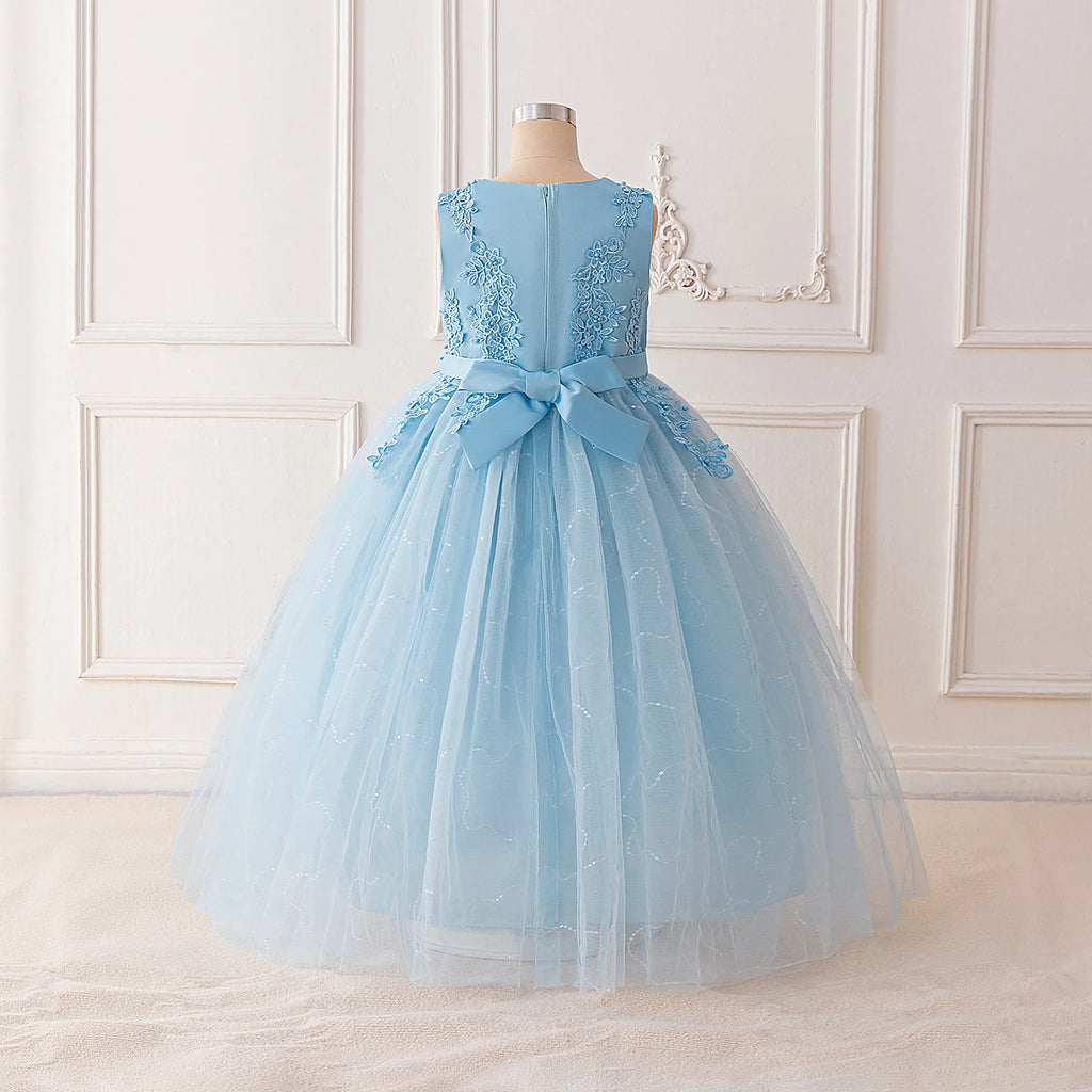 Fashion Flower Bridesmaid Girls Dress Elegant Bow Wedding Evening Princess Birthday Party Dress Graduation Baptism Kids Clothing