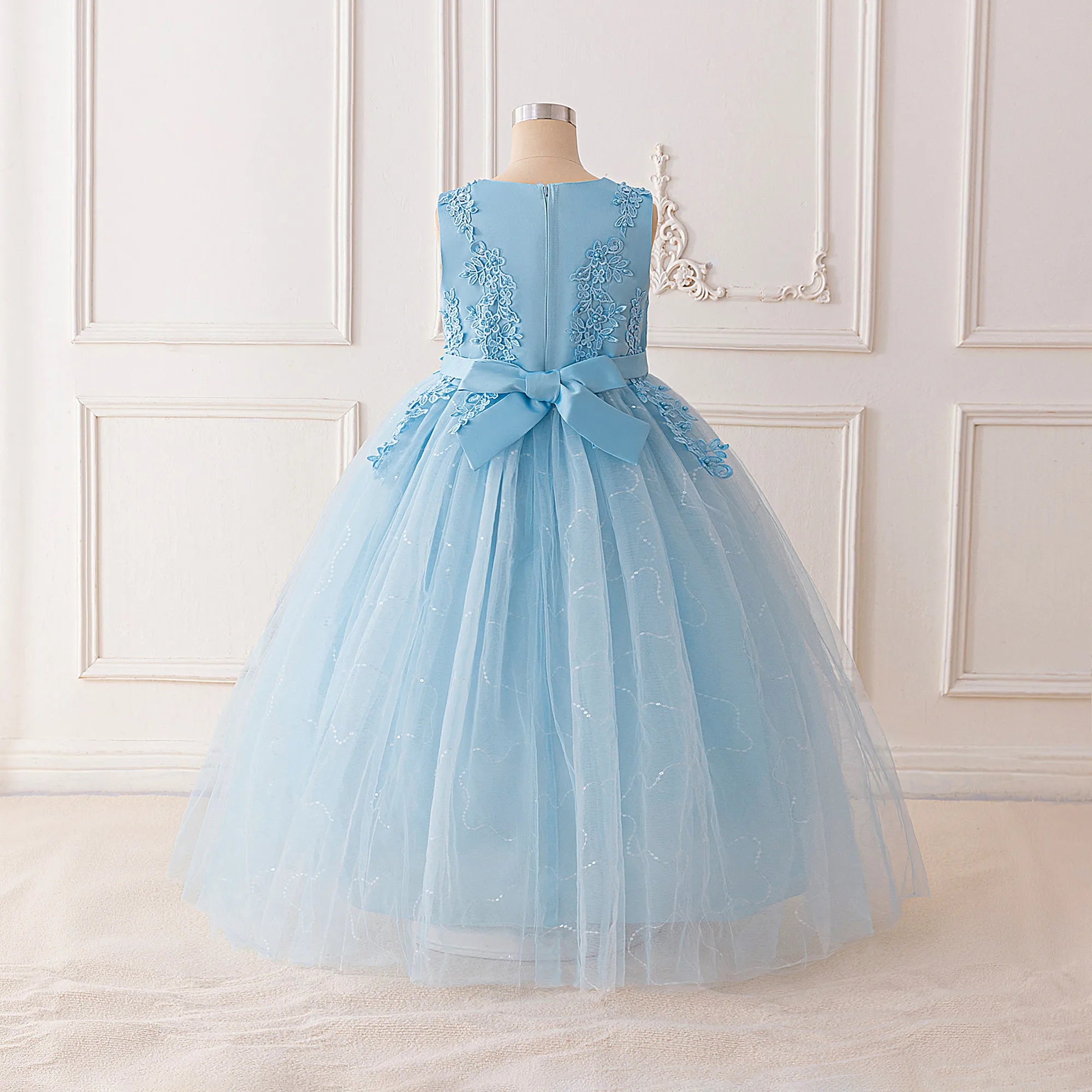 Fashion Flower Bridesmaid Girls Dress Elegant Bow Wedding Evening Princess Birthday Party Dress Graduation Baptism Kids Clothing