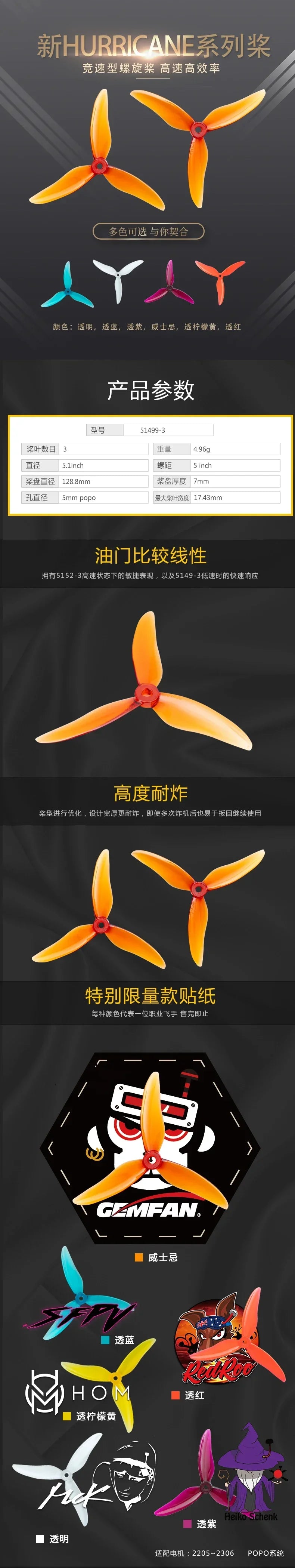 51499 2Pairs Purple Gemfan Hurricane  Props 5 Inch 3-Blade CW/CCW PC Propeller for RC Drone FPV Racing  2306 Motor Nazgul5 LAL5
