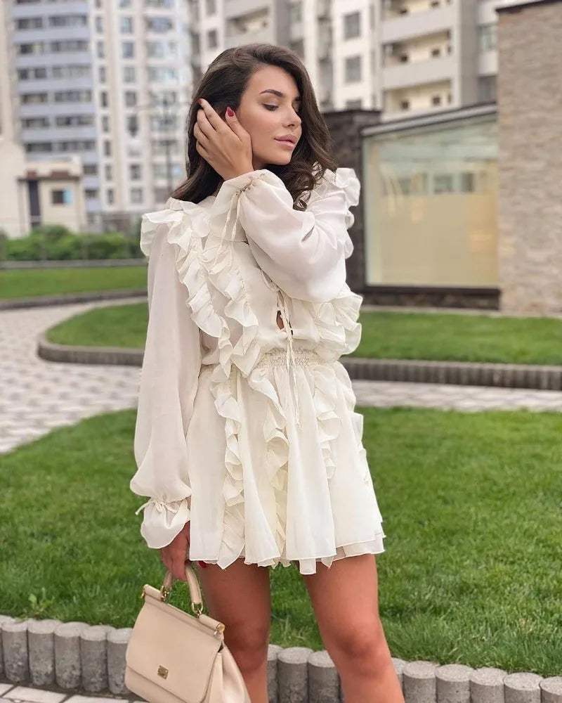 TARUXY Sheer Lace Mesh Dress Women Fashion Deep V Neck Bandage Ruffle Oversized Shirt Dress Femme Elegant Sexy Cover-up Woman