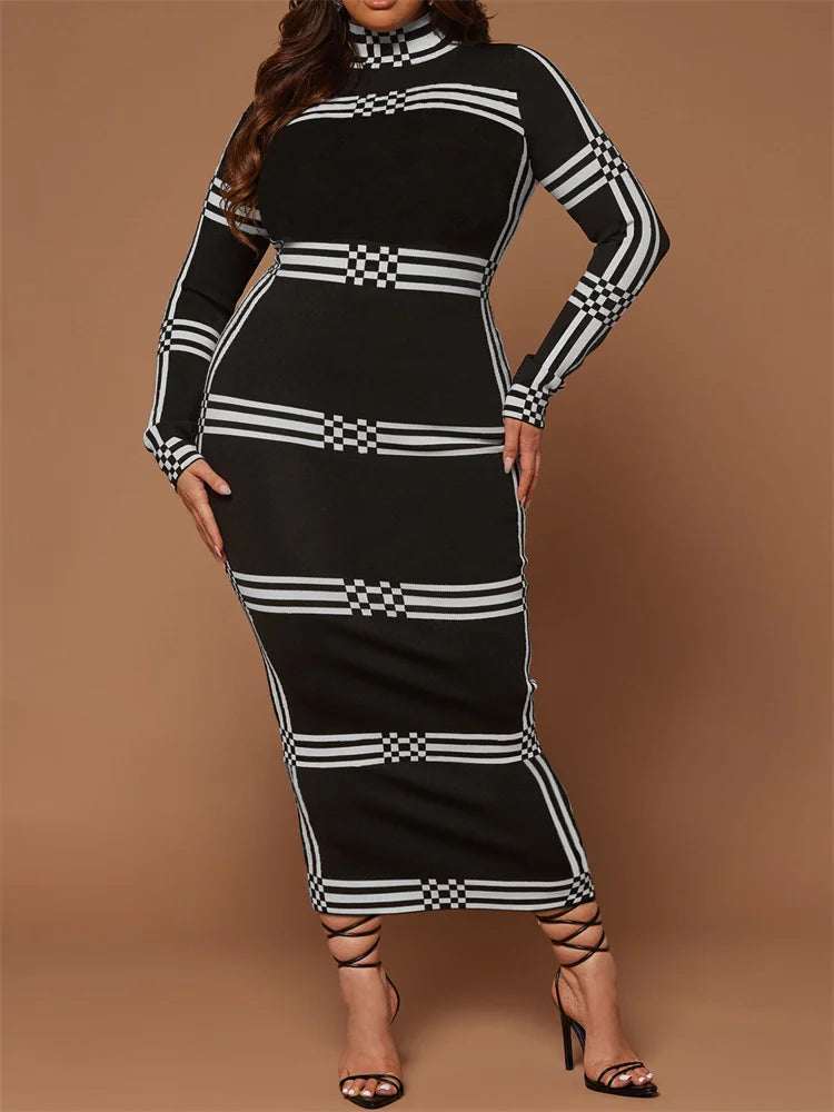Wmstar Plus Size Dresses for Women O Neck Bodycon Stretch Striped Elegant New in Fashion Maxi Dress Wholesale Dropshipping 2024