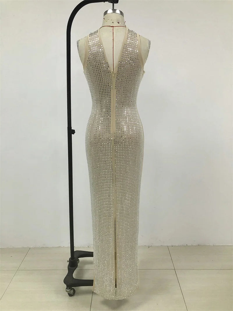 Luxury Crystals Women's Prom Dress Sexy Halter Sleeveless Hollow Slim Fit Formal Birthday Sheath Long Party Gown Skirt Robes