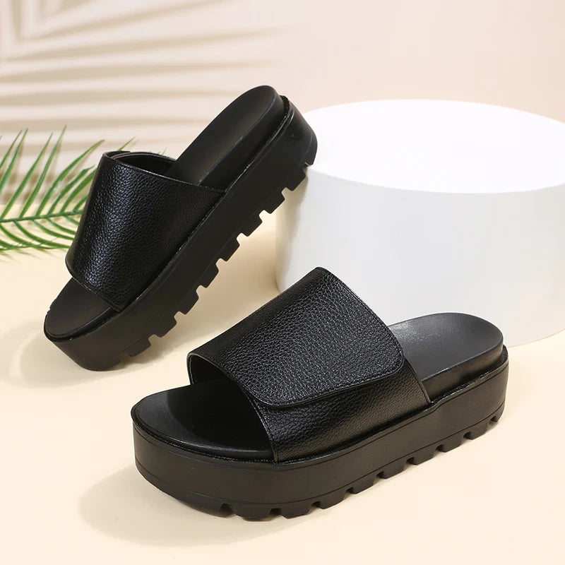 Rimocy Black PU Leather Platform Slippers Women Plus Size 43 Thick Soled Sandals Woman 2025 Summer Non-slip Slides Shoes Female