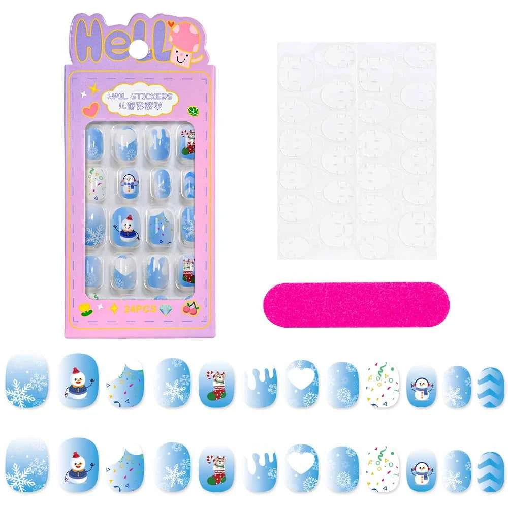 24pcs Princess Girls Christmas Press On Nails Candy Color Kawaii Christmas Tree Snowman False Nails New Year Children Fasle Nail