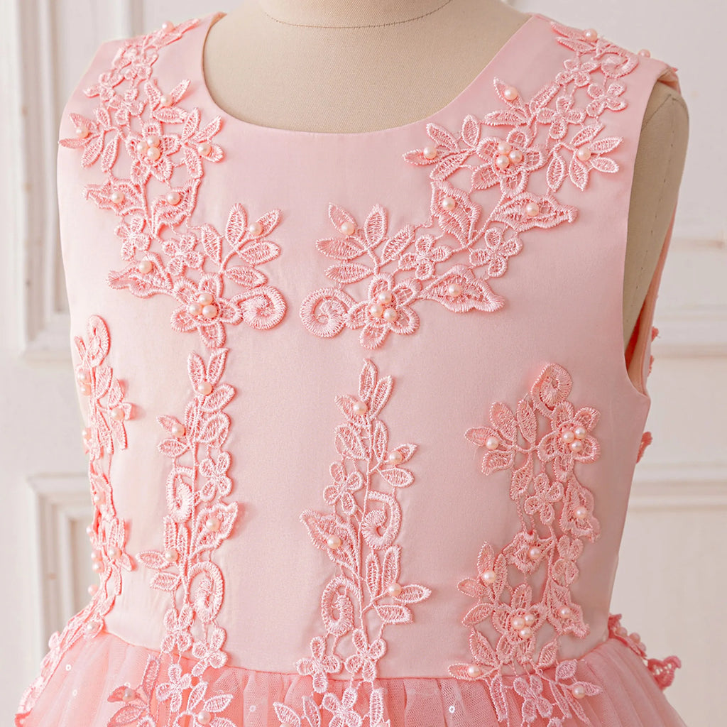 Fashion Flower Bridesmaid Girls Dress Elegant Bow Wedding Evening Princess Birthday Party Dress Graduation Baptism Kids Clothing
