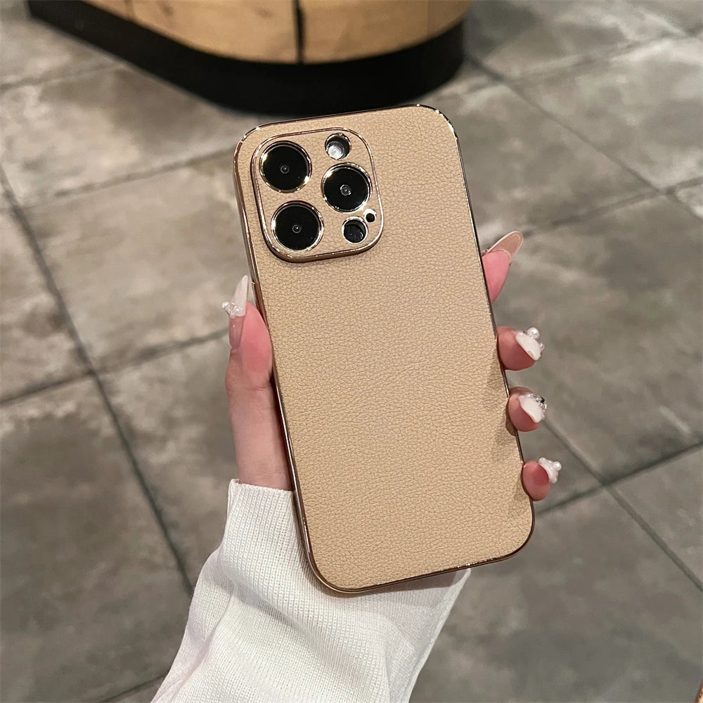 LuxeGuard Retro Lambskin Leather iPhone Case - Shockproof Bumper with Lens Protection for All Models 11-17