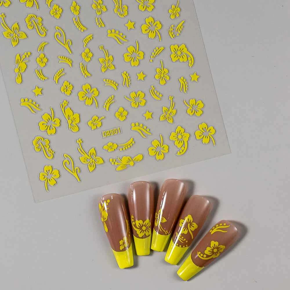 1pcs 3D White Hibiscus Flowers Nail Stickers Holographic Silver Gold Tropical Petal Slider For Nails French Manicure Decoration