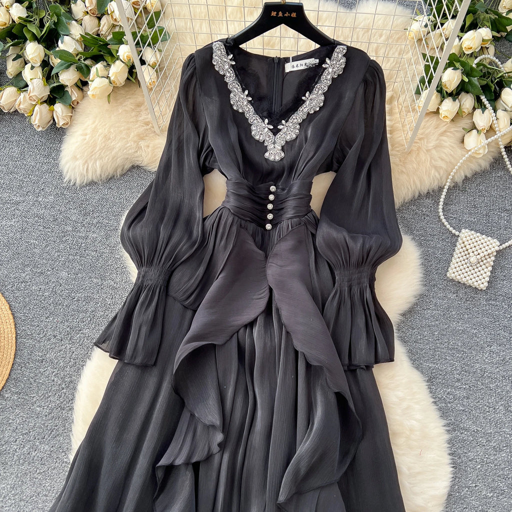 Spring Autumn Women Party Long Dress Elegant Female Red/Purple/Beige/Black Diamonds Patchwork Ruffle A-Line Maxi Vestidos New