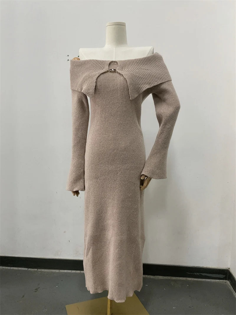Luxury Fluffy Solid Knitted Off Shoulder Midi Dress Women 2024 Fall Winter Elegant Bodycon Flared Long Sleeve Sweater Long Dress