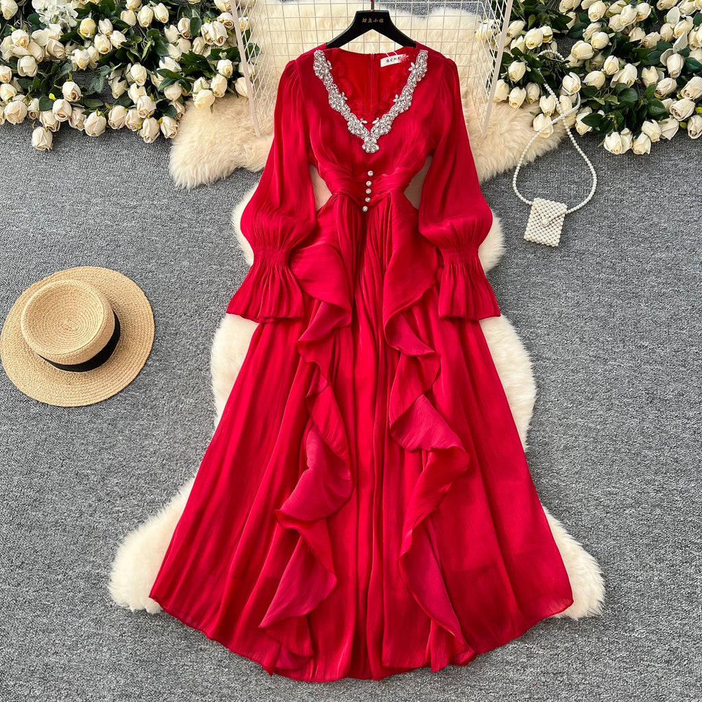 Spring Autumn Women Party Long Dress Elegant Female Red/Purple/Beige/Black Diamonds Patchwork Ruffle A-Line Maxi Vestidos New