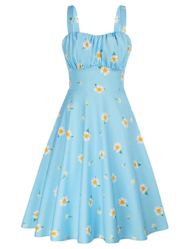 Vintage Charm Summer Midi Dress - Cute Print, Ruched Bust, High Waist for Effortless Beach Style