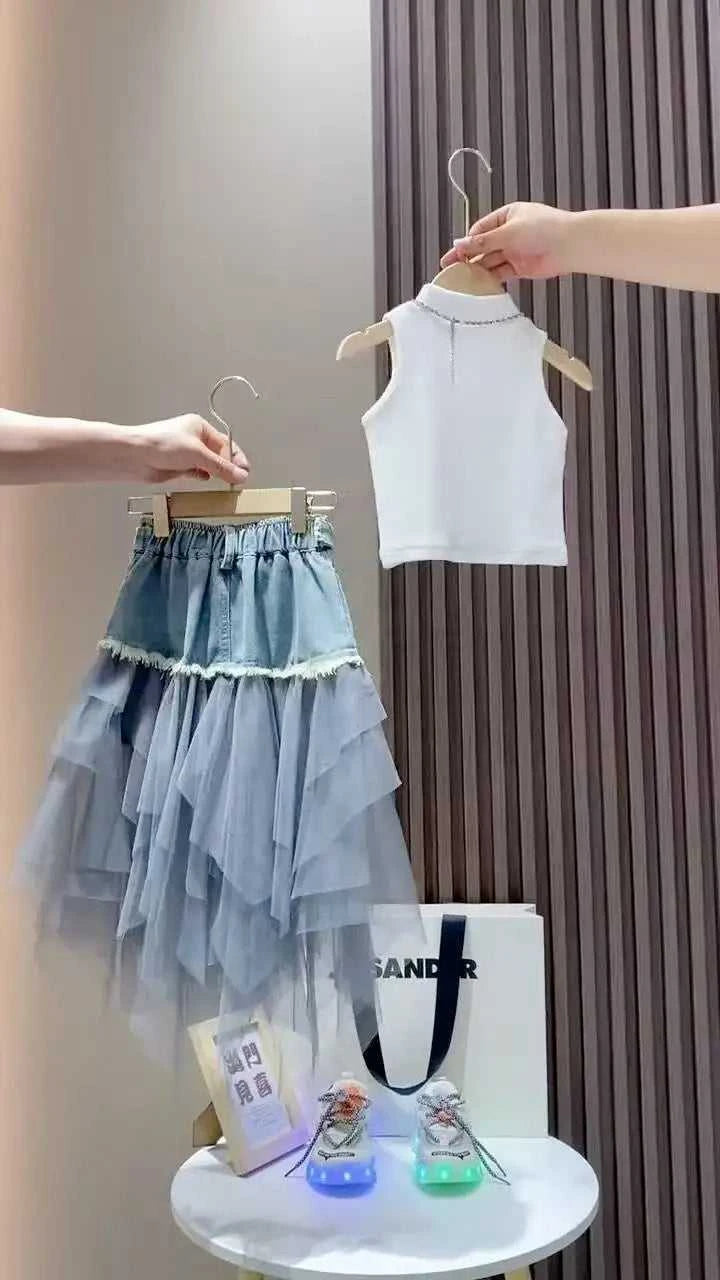Girls' Summer New Set 2026 Korean Version Baby Girl Tank Top Mesh Splicing Cowboy Skirt Set Kids Summer Set The jack market .AU The jack market .AU Mum & Kids: Essential Products for Every Family $ 62 14:29#WHITE;200000463:200004189#110CM 4Years;200007763:201336100