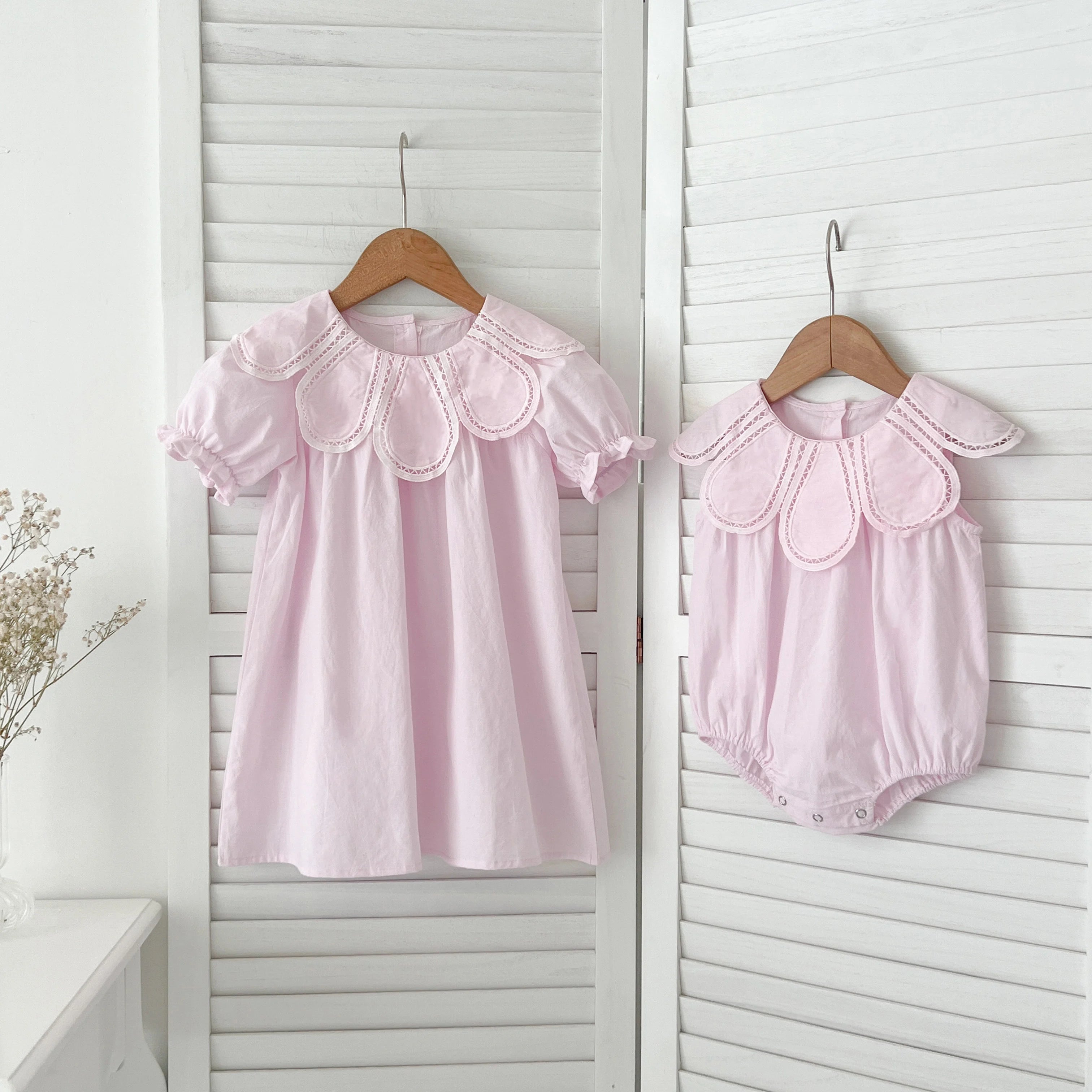 Sisters Dress Summer Kids Princess Dresses Short Sleeved Cotton Solid Color Splicing Infant Baby Romper Baby Girl Party Dress