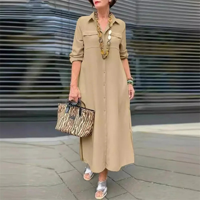Women Spring Autumn Long Sleeve Lapel Single-breasted Cardigan Dress Double Pocket Splicing Dresses Elegant Female Commuter Gown