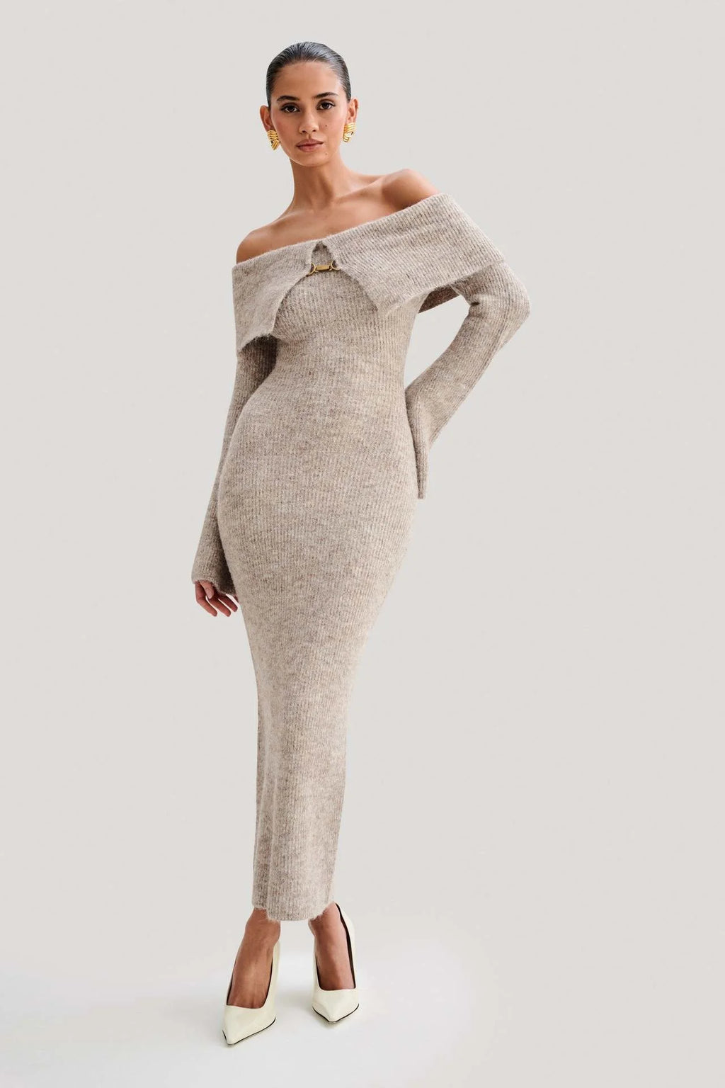 Luxury Fluffy Solid Knitted Off Shoulder Midi Dress Women 2024 Fall Winter Elegant Bodycon Flared Long Sleeve Sweater Long Dress