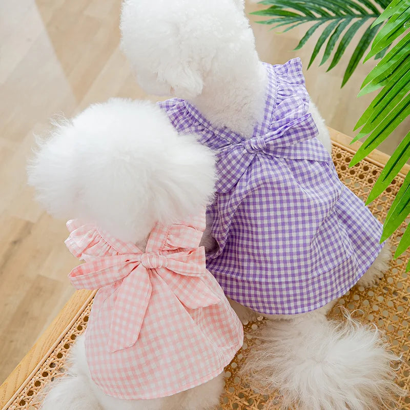 Pawfect Paws Summer Plaid Suspender Skirt Dress - Chic Pink Bow for Small Breeds like Chihuahua & Yorkie