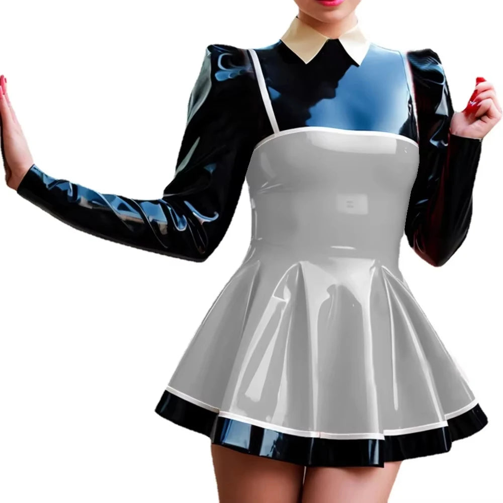 Plus Size Patchwork A-line Dresses for Womens Fashion Long Puff Sleeved Vinly PVC Leather Mini Dress Nightclub Party Vestidos